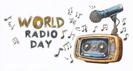 Vintage radio and microphone with doodle style, graffiti text for World Radio Day on a white background