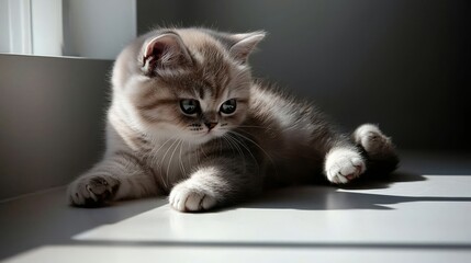 Adorable Kitten Sunbathing on Windowsill Cozy Home Animal Photography Bright Environment Indoor View Peaceful Concept