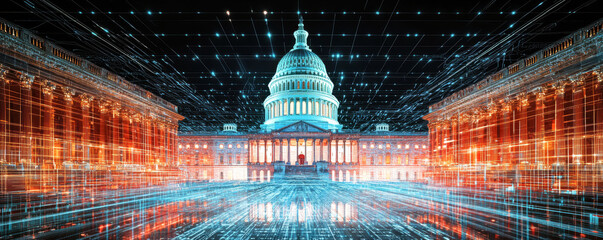 Futuristic AI Influence on Capitol Hill with Cybersecurity Theme
