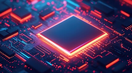 Obraz premium Brightly glowing AI chip on light circuit board on technology blue background. CPU processor or semiconductor on tech bg. Computer microchip on motherboard. Abstract digital vector illustration.