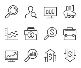 Financial stock market analytics isolated line icon set. Vector flat graphic design illustration	
