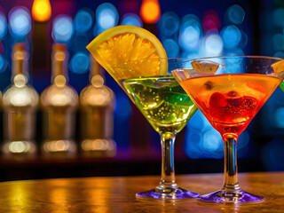 Martini Trio: A trio of vibrantly colored martinis on a dimly lit bar counter, each garnished with a fresh twist, invite you to unwind and indulge in a sophisticated night out.