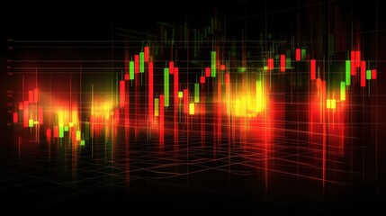 digital illustration presents a vibrant financial trading interface with glowing candlestick charts in red and green, set against a dark background, ideal for tech and investment content.