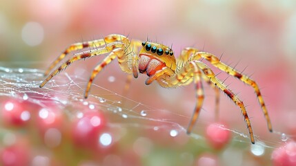 Close-up of jumping spider on dew-covered web with soft pink background