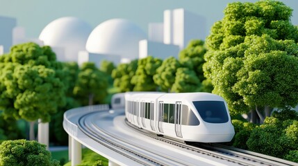 Modern Train on Elevated Track in a Urban Green Landscape