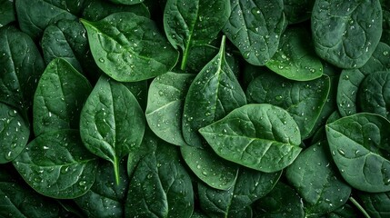 Fototapeta premium Background from fresh green spinach leaves with water drops. Texture of raw organic baby spinach close up. Food background