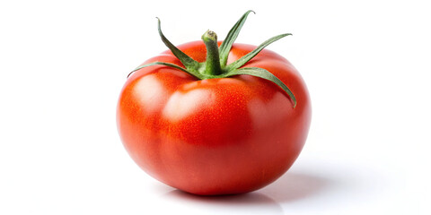 A bright red tomato sits proudly on a white background. Its smooth surface and green stem create a striking contrast that emphasizes its freshness and ripeness