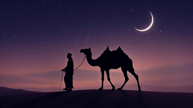 An Arab man walking alone across the vast desert under the night sky, This scene evokes the peaceful, spiritual atmosphere of the holy month of Ramadan.