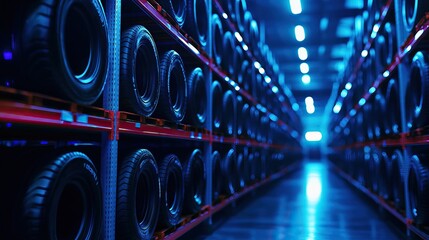A dimly lit warehouse aisle filled with neatly stacked tires, creating a visually striking pattern of black rubber and blue lighting.