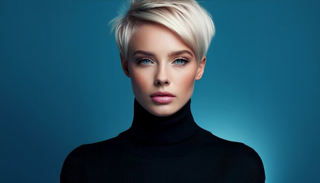 Portrait einer sch&ouml;nen 20-j&auml;hrigen Frau mit extrem kurzem blonden Haar und schwarzem Rollkragenpullover