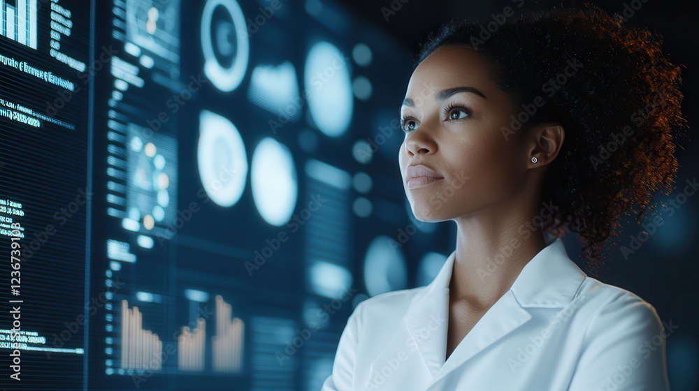 Aufkleber a focused woman in a lab coat analyzes data displayed on digital screens, showcasing her expertise i