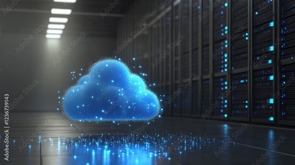 Poster cloud computing visualization in a server room, data flowing as glowing blue particles, high-tech in