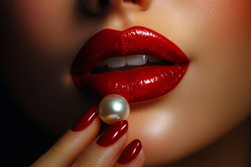 Obraz premium Elegance and allure are captured in a close-up of glossy red lips holding a pearl