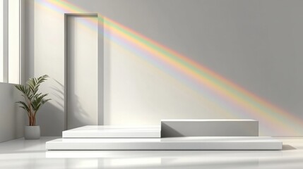 Blurred rainbow light refraction texture overlay effect for photo and mockups. Organic drop diagonal holographic flare on a white wall