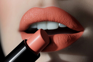Obraz premium Closing in on perfect matte lips with beautiful peach lipstick in soft lighting