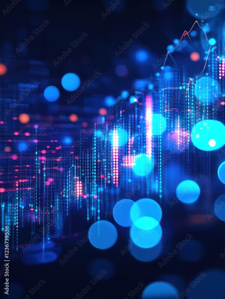 Poster abstract glowing blue forex chart background with bokeh circles. currency and stats concept. 3d rend