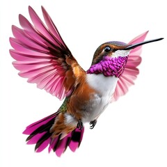 Obraz premium A vibrant hummingbird in mid-flight, showcasing its stunning pink and orange plumage against a white background.
