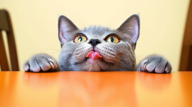 Playful Gray Cat Teasingly Sticks Out Tongue at Table in Cozy Home Setting Close-up View Adorable Concept