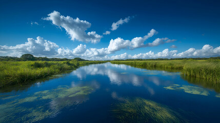 Obraz premium Calm river reflecting clouds, summer landscape