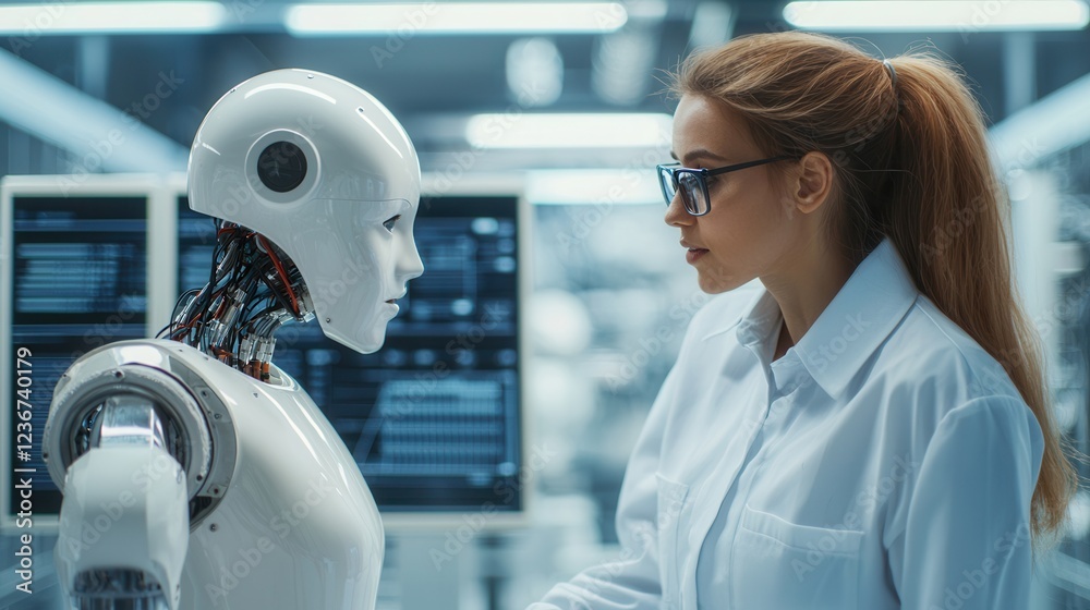 Fototapete A scientist interacts with a humanoid robot in a high-tech lab, showcasing the convergence of artificial intelligence and human innovation.