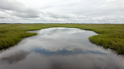Fototapeta premium Calm marsh reflection, cloudy sky, tranquil scene; nature background