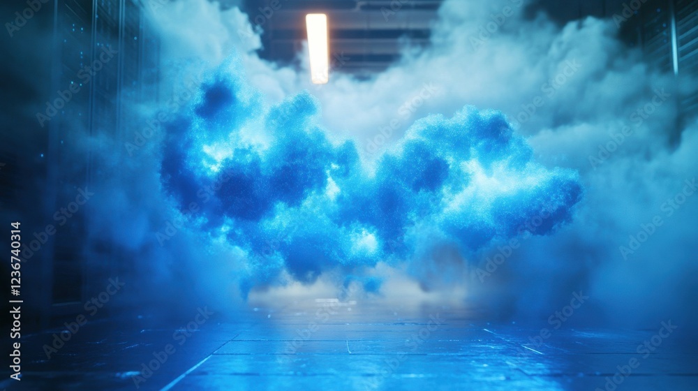 Poster cloud computing visualization in a server room, data flowing as glowing blue particles, high-tech in