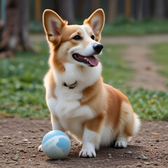 Young Pembroke Welsh Corgi dog sits on grass on summer sunny day during walk with his favorite toy, blue ball. Animal play concept outdoors, pet shop, pet toys
