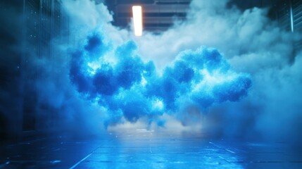 Cloud computing visualization in a server room, data flowing as glowing blue particles, high-tech infrastructure for digital storage and processing