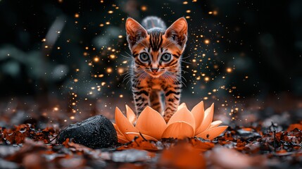 Obraz premium Bengal Kitten Exploring Magical Lotus Sparkles in Enchanted Forest Photography Whimsical Close-up Fantasy