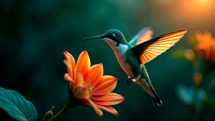 Fototapeta premium bright hummingbird bird over a flower on a dark background