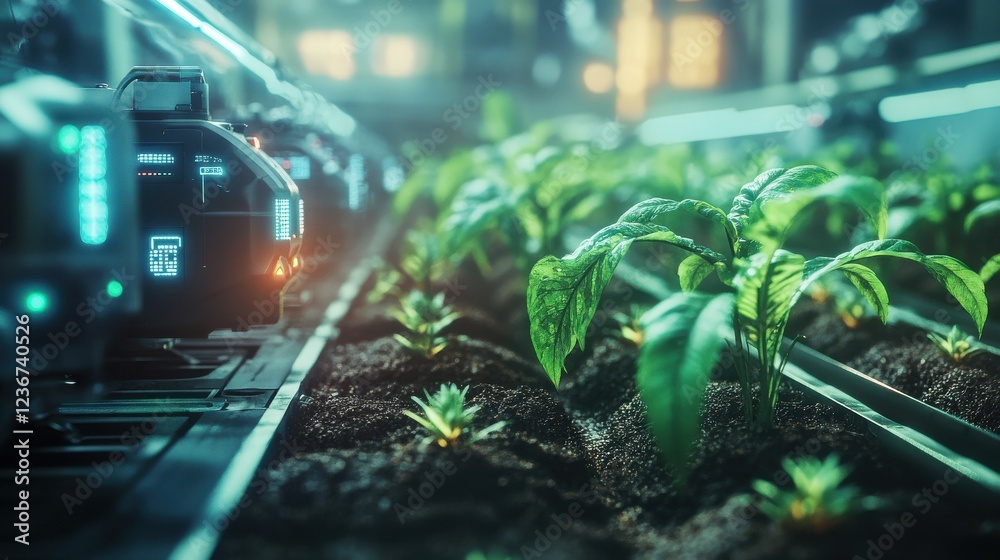 Poster holographic visualization of a futuristic automated farming process showcasing robotic equipment sen