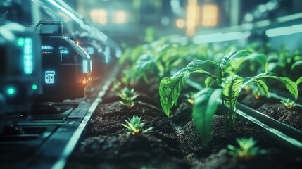 Holographic visualization of a futuristic automated farming process showcasing robotic equipment sensors and data driven technologies for sustainable and efficient agricultural solutions