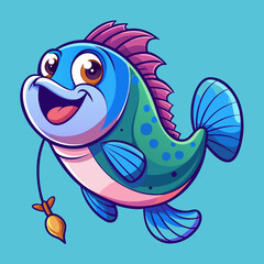 Cute Cartoon Fish with Big Eyes Chasing a Colorful Fishing Lure in a Playful Illustration