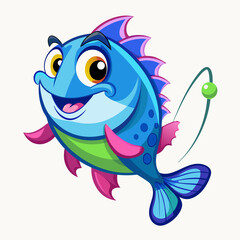 Cute Cartoon Fish with Big Eyes Chasing a Colorful Fishing Lure in a Playful Illustration