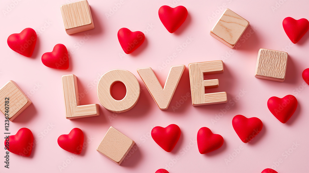 Fototapete the word 'love' spelled out using various alphabet blocks, arranged creatively on a soft pink backgr