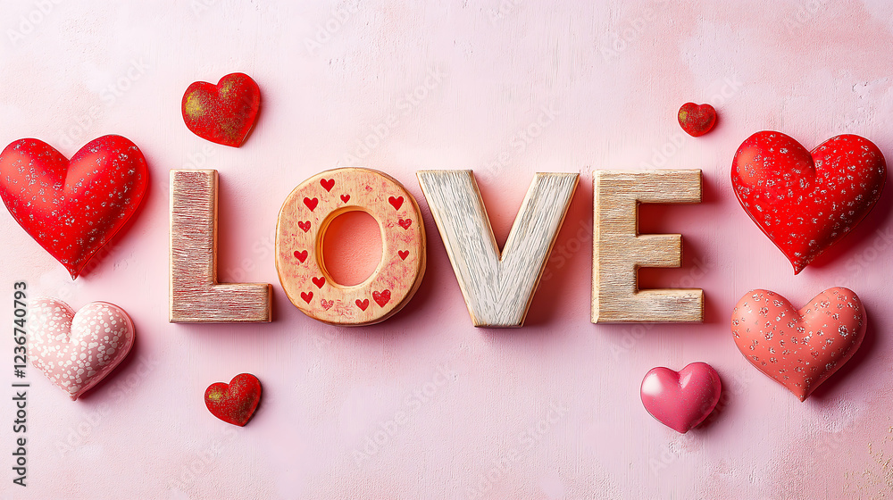 Fototapete the word 'love' spelled out using various alphabet blocks, arranged creatively on a soft pink backgr