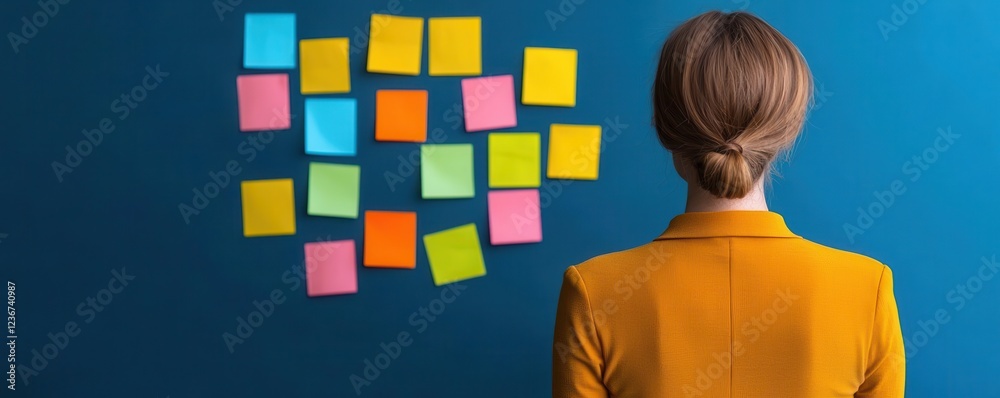 Poster a person in a yellow blazer is looking at a colorful array of sticky notes on a blue wall, suggestin