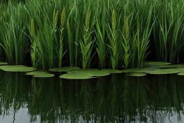 Obraz premium Lush green reeds reflect in calm water; tranquil nature scene; perfect for nature documentaries or travel brochures.