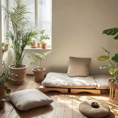 a tranquil meditation corner featuring a soft mat, cushions, and candles, surrounded by indoor plants to create a calming atmosphere.