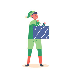 Cute Playful Christmas Elf Boy, Santa Claus Helper In Green Costume And Stockings With Gift Box In Hands Illustration