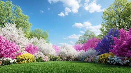 Obraz premium Vibrant spring garden filled with blooming pink, purple, and white flowers under a clear blue sky.