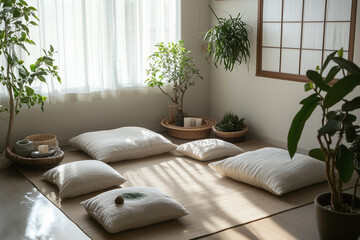 a tranquil meditation corner featuring a soft mat, cushions, and candles, surrounded by indoor plants to create a calming atmosphere.
