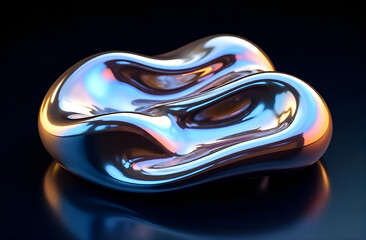an abstract 3D element of a finished shape made of liquid metal with iridescent colors