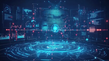 Obraz premium Big data visualization technology concept. Futuristic low poly shapes and connecting the dots lines and dark blue background.