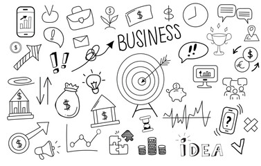 Financial and bank icons vector set. Money, business, finance and charts, infographic, money and goal, communication and success. Vector illustration. Isolated linear hand drawn doodles.