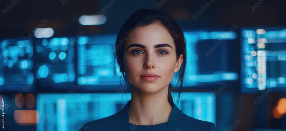 Leinwandbilder a confident woman stands in a high-tech environment, surrounded by digital screens displaying data a