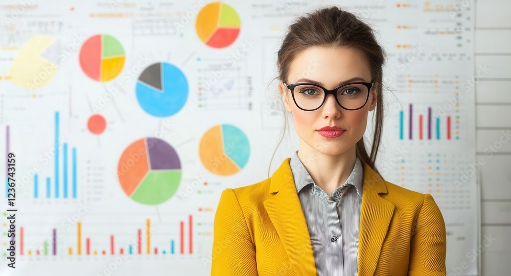 Poster a confident woman in glasses stands in front of colorful charts and graphs, embodying professionalis
