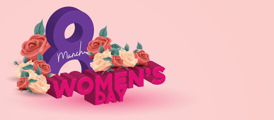 Happy International Women's Day March 8 Banner Vibrant Floral Design for Celebrating Women and Equality. Colorful Women's Day Wishes Background, Greeting Card, Web, Flyer, 8th March Holiday Concept