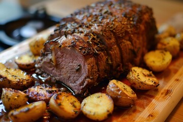 Juicy roast beef seasoned with herbs, resting on a wooden cutting board with roasted potatoes