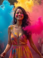Naklejka premium A modern teenage girl in stylish attire, joyfully celebrating Holi with vibrant colors. A perfect blend of tradition and contemporary fashion, capturing the energy and excitement of the festival.